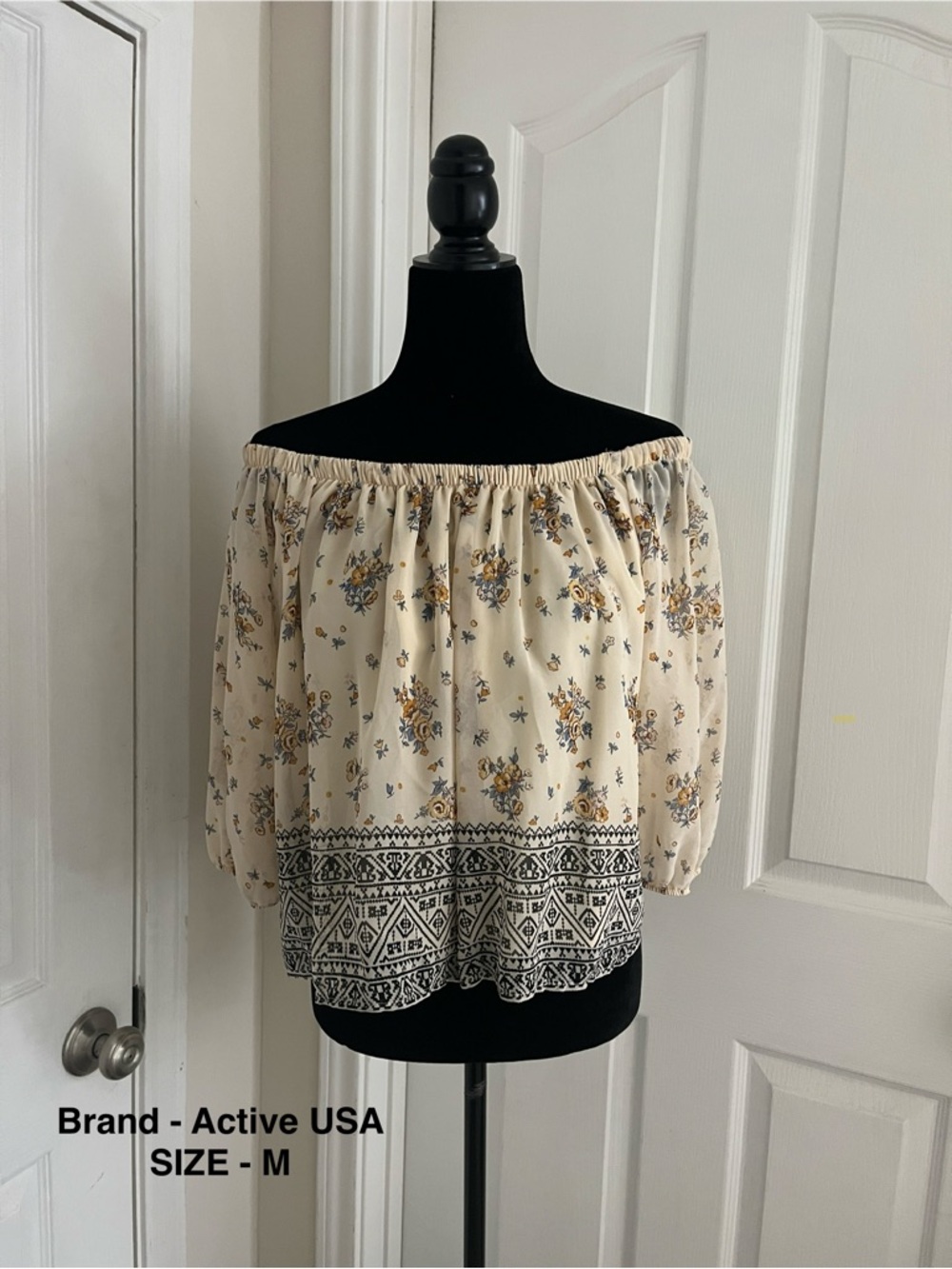 Active USA Cream Floral Off-The-Shoulder Peasant Top with Black Border